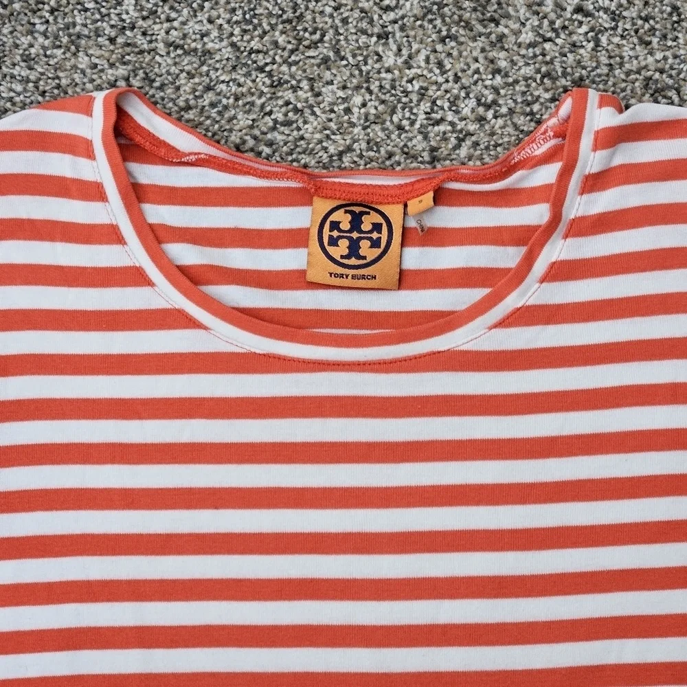 Tory Burch Multi Color Striped Long Sleeve Tee Shirt Peach White Navy Blue Small
